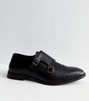 New Look Black Leather Double Buckle Strap Monk Shoes